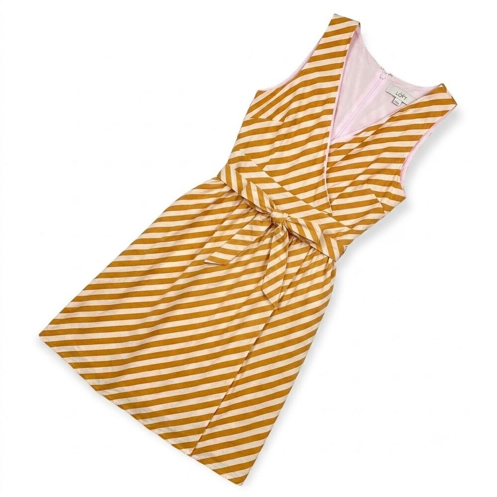 LOFT Mock Wrap Tie Waist Dress Yellow White Stripe Womens 2